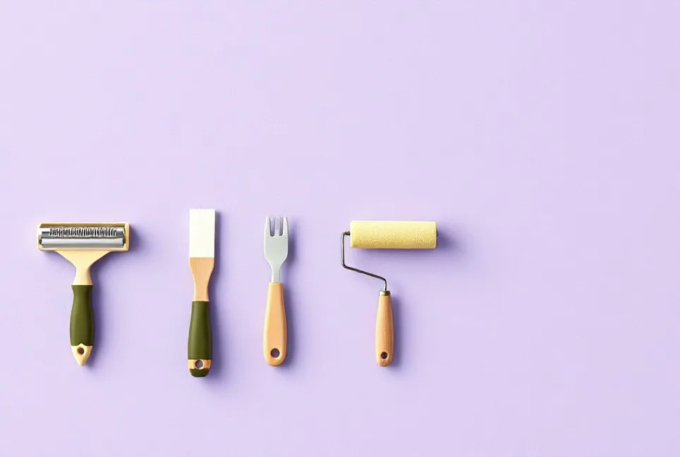 Outils de peinture disposés dans l'ordre des étapes du chantier