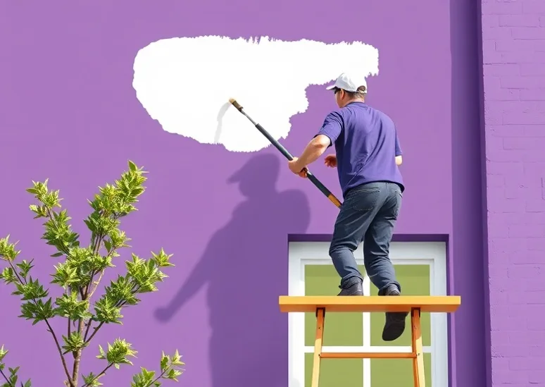 Peintre sur échafaudage traitant la façade d'une maison